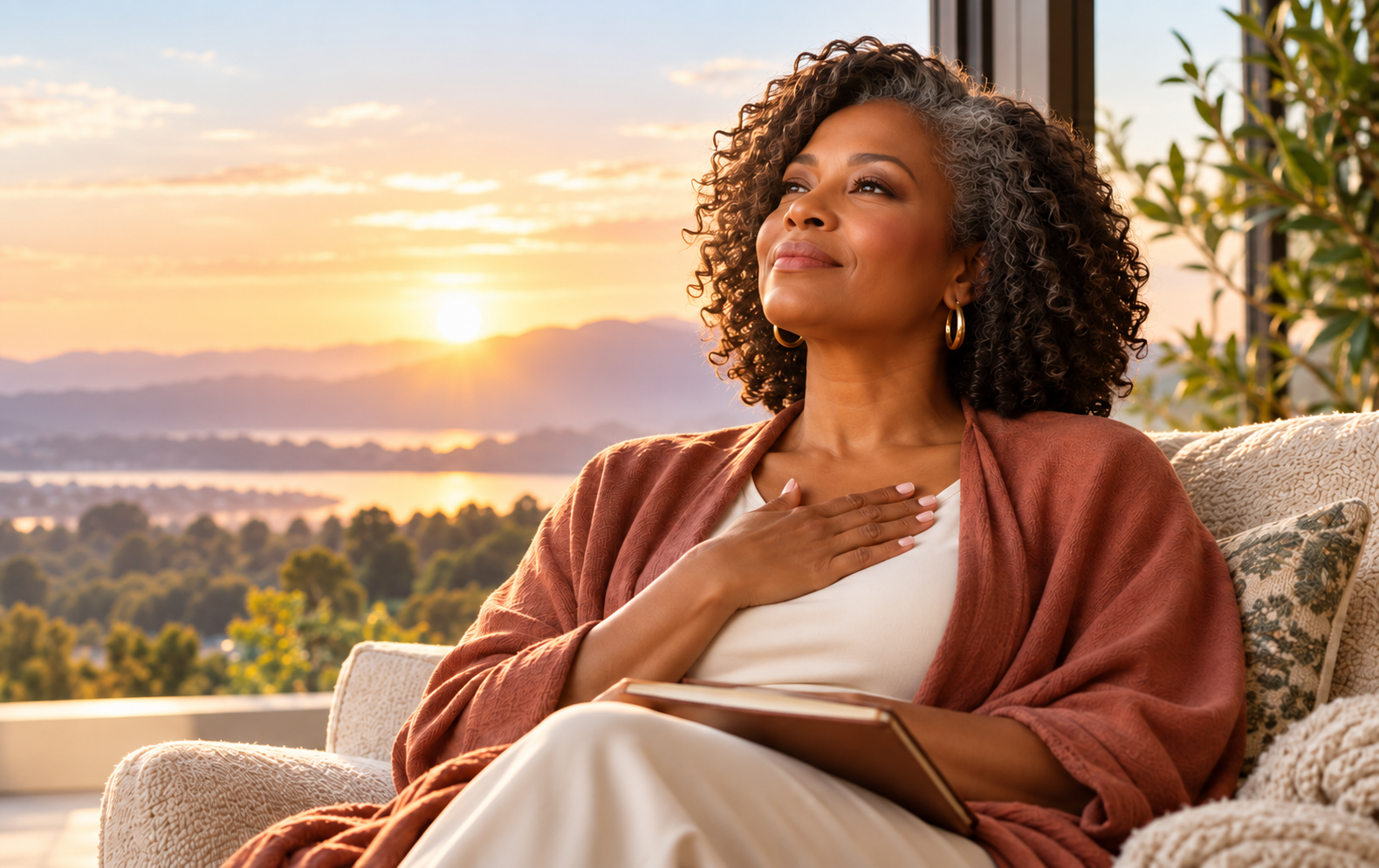 A woman resting with her hand over her heart and a journal in her lap at sunrise